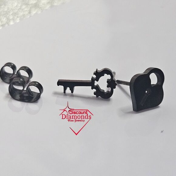 Black Titanium Lock and Key Stud Pushback Earrings. - Picture 8 of 14